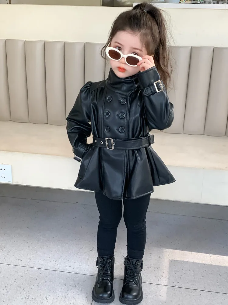 Children Leather Jacket Autumn and Winter 2026 New Fashion Waist Cinched Jacket for Girls Korean Stand Up Collar Jacket Top