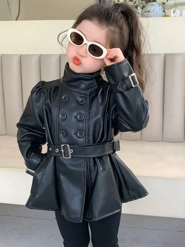 Children Leather Jacket Autumn and Winter 2026 New Fashion Waist Cinched Jacket for Girls Korean Stand Up Collar Jacket Top