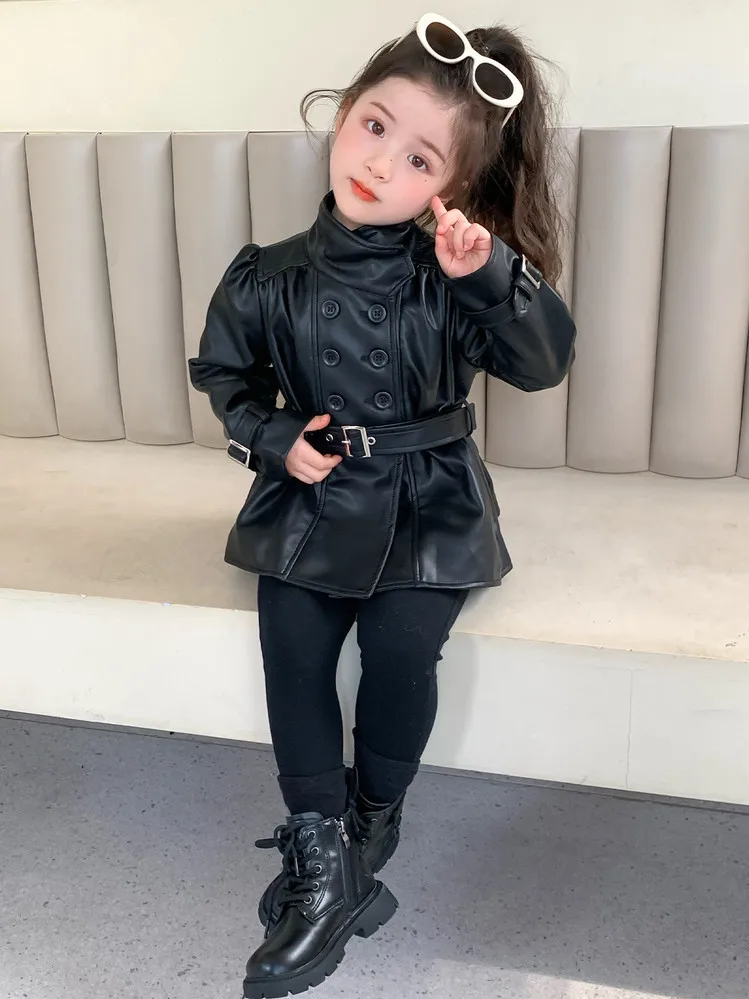 Children Leather Jacket Autumn and Winter 2026 New Fashion Waist Cinched Jacket for Girls Korean Stand Up Collar Jacket Top