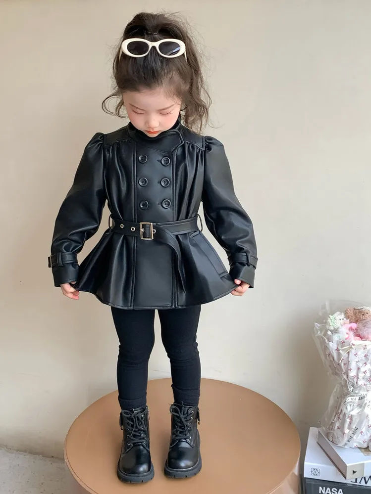 Children Leather Jacket Autumn and Winter 2026 New Fashion Waist Cinched Jacket for Girls Korean Stand Up Collar Jacket Top