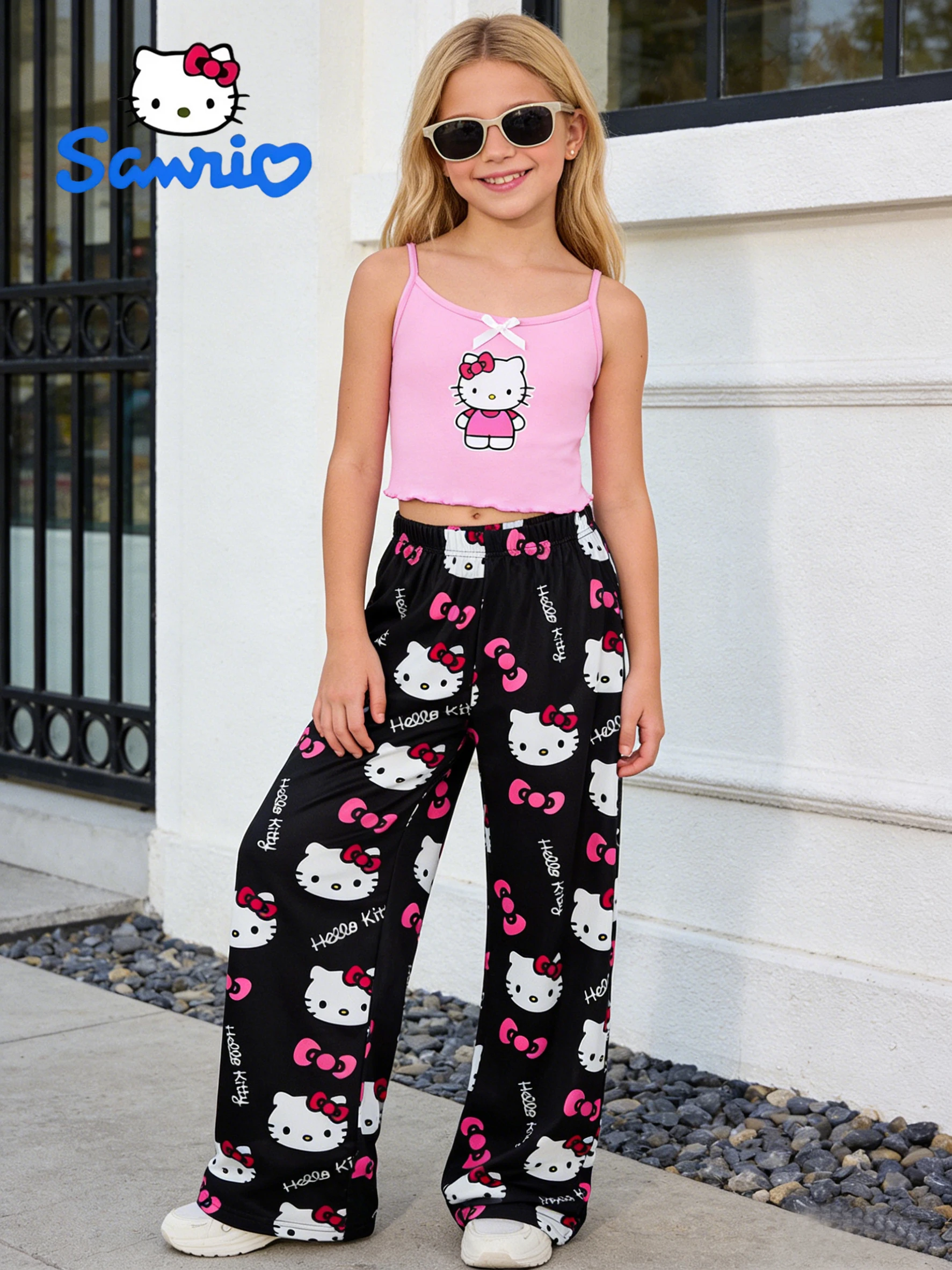 Sanrio Summer Girls' Pants Set, Hello Kitty Outdoor Casual Tank Top Wide Leg Pants, Suitable for Outing and Home Wearing,