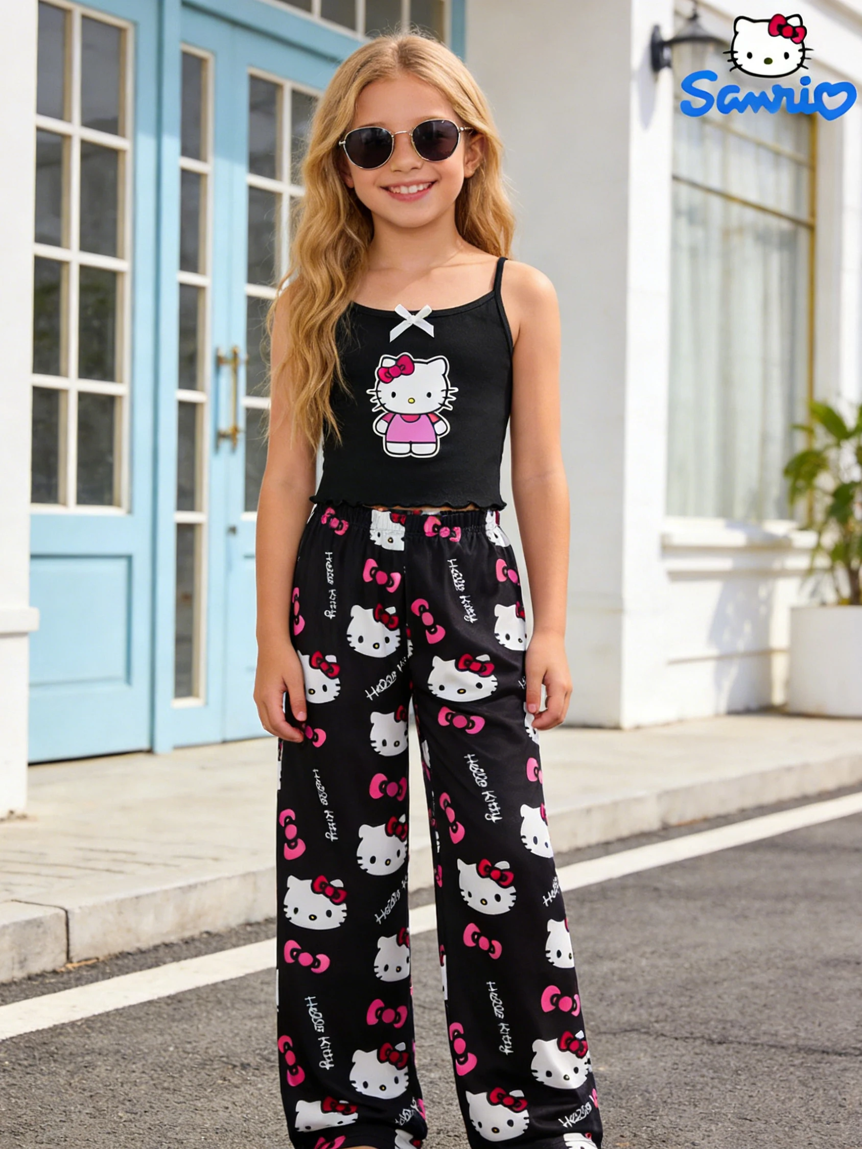 Sanrio Summer Girls' Pants Set, Hello Kitty Outdoor Casual Tank Top Wide Leg Pants, Suitable for Outing and Home Wearing,