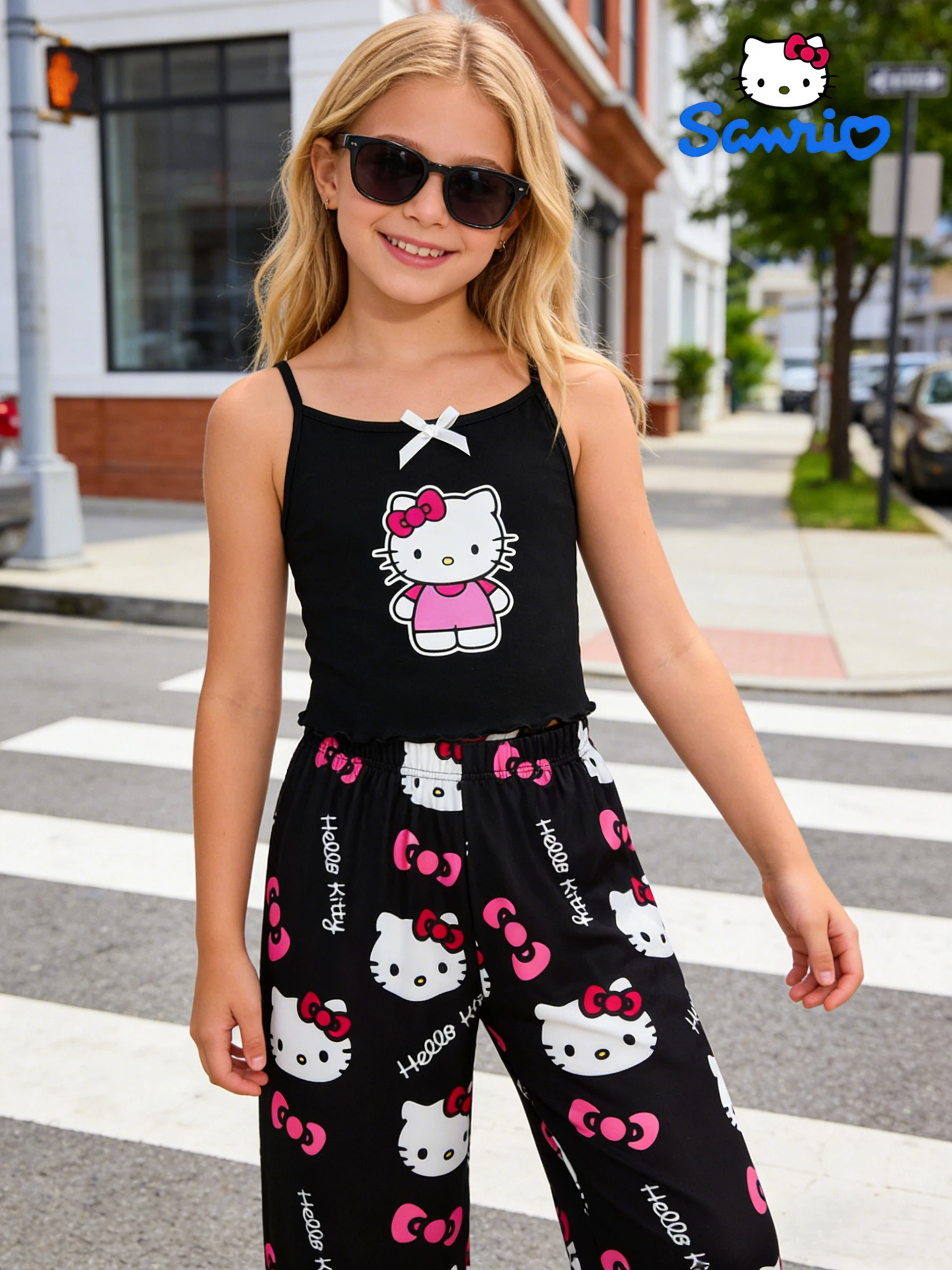 Sanrio Summer Girls' Pants Set, Hello Kitty Outdoor Casual Tank Top Wide Leg Pants, Suitable for Outing and Home Wearing,