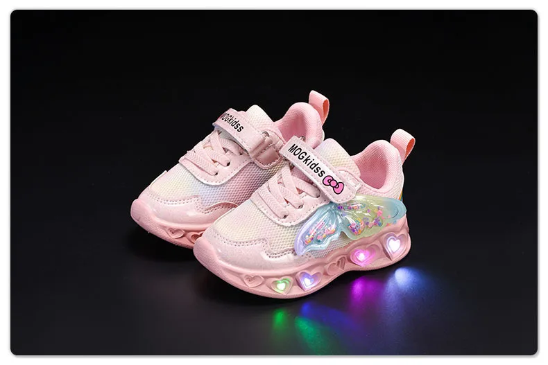 2026 New Kids Casual Shoes Girls Led Light Cartoon PU Leather Fashion Sport Flat Bottom Shoes Breathable Purple Pink Size 21-30