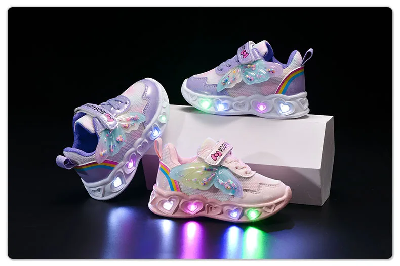 2026 New Kids Casual Shoes Girls Led Light Cartoon PU Leather Fashion Sport Flat Bottom Shoes Breathable Purple Pink Size 21-30