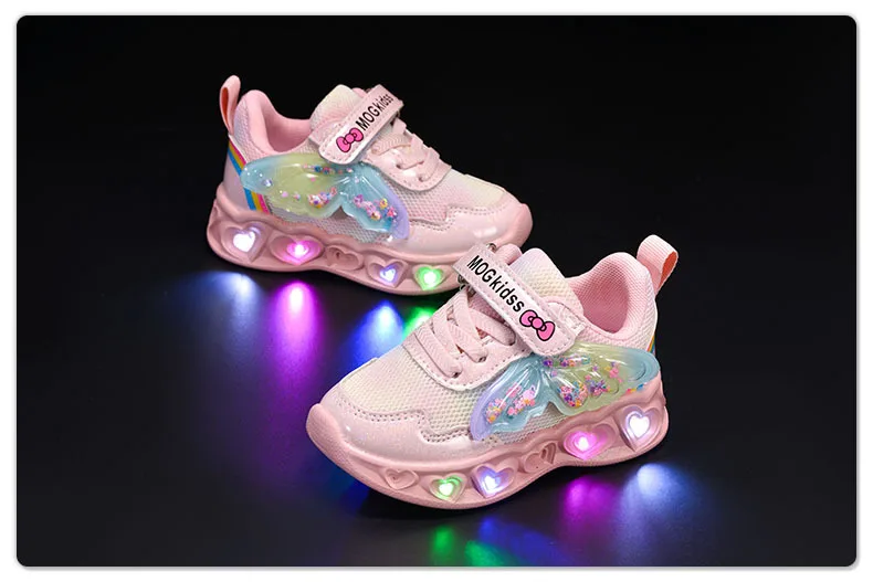 2026 New Kids Casual Shoes Girls Led Light Cartoon PU Leather Fashion Sport Flat Bottom Shoes Breathable Purple Pink Size 21-30