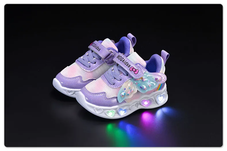 2026 New Kids Casual Shoes Girls Led Light Cartoon PU Leather Fashion Sport Flat Bottom Shoes Breathable Purple Pink Size 21-30