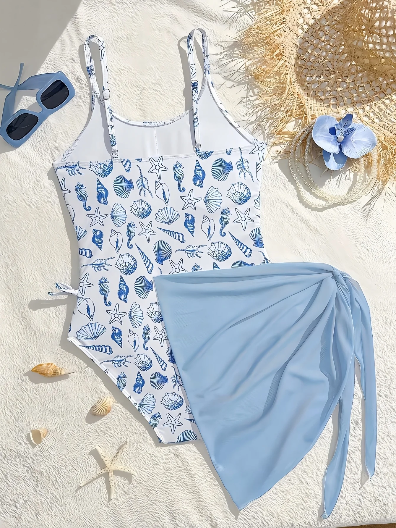 Girls' Swimwear with Shell, Seahorse, and Starfish Elements, Full-Printed One-Piece Swimsuit, Soft and Comfortable Fabric, Light Blue with Full Print, Suitable for 8-12 Year Old Children for Beach Vacations