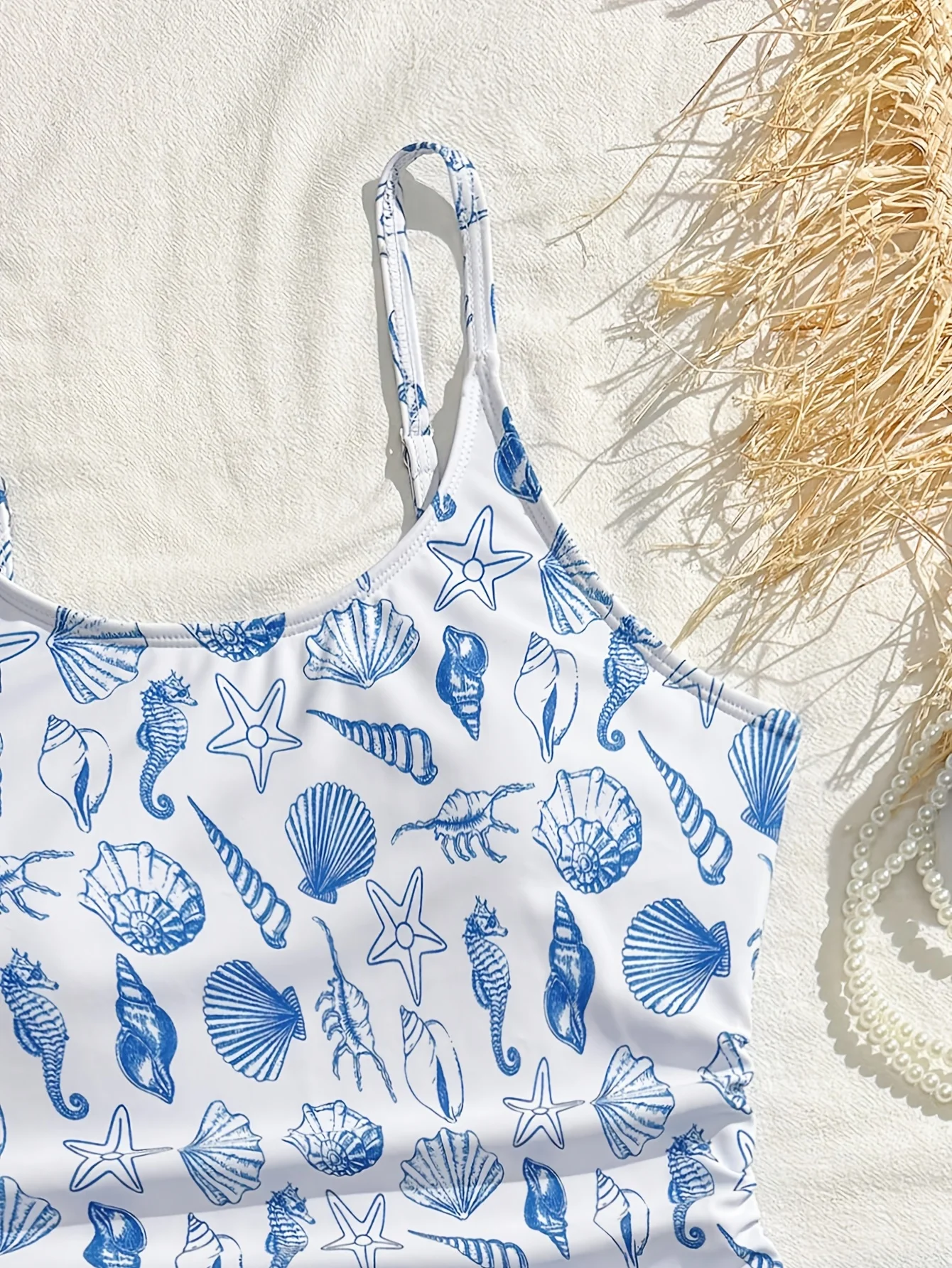 Girls' Swimwear with Shell, Seahorse, and Starfish Elements, Full-Printed One-Piece Swimsuit, Soft and Comfortable Fabric, Light Blue with Full Print, Suitable for 8-12 Year Old Children for Beach Vacations