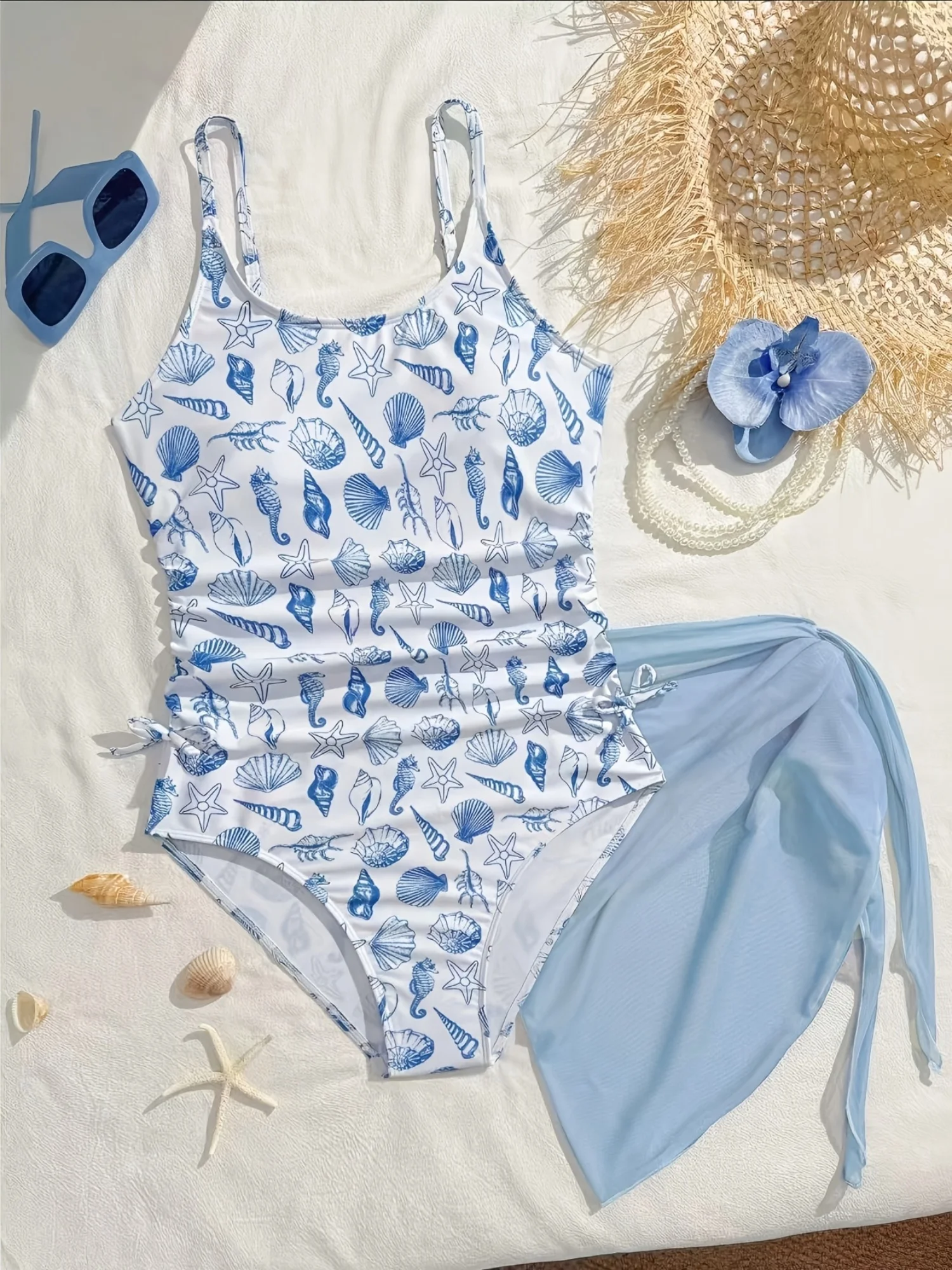 Girls' Swimwear with Shell, Seahorse, and Starfish Elements, Full-Printed One-Piece Swimsuit, Soft and Comfortable Fabric, Light Blue with Full Print, Suitable for 8-12 Year Old Children for Beach Vacations