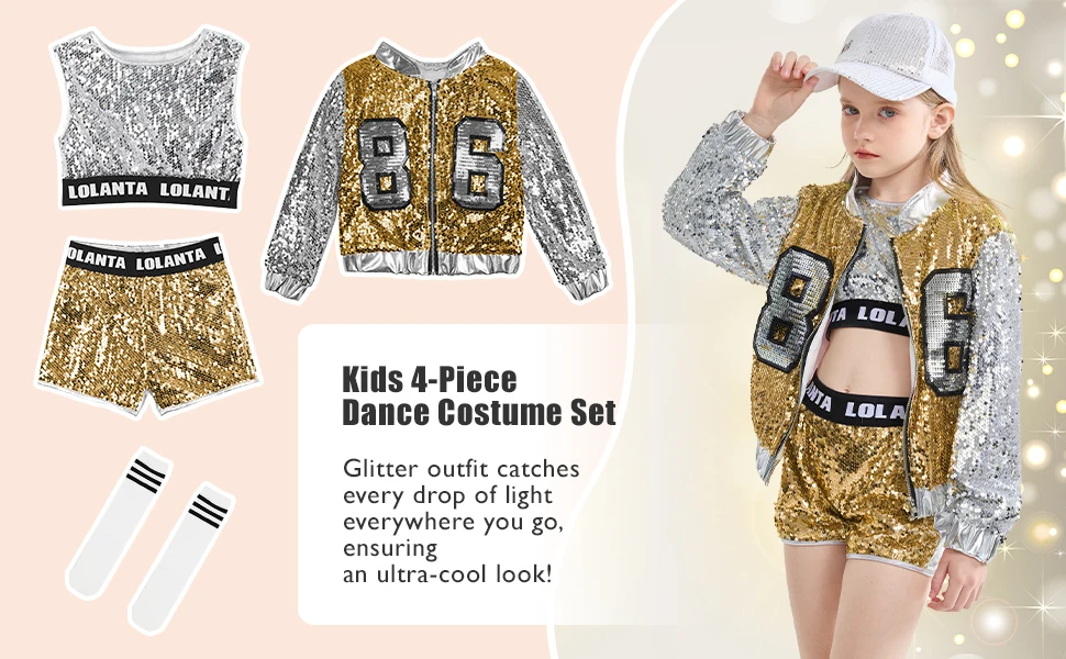 LOlanta Girls Sequin Dance Costume Sparkle Hip Hop Jazz Dance Dresses Modern Dancing Outfits 4-14 Years