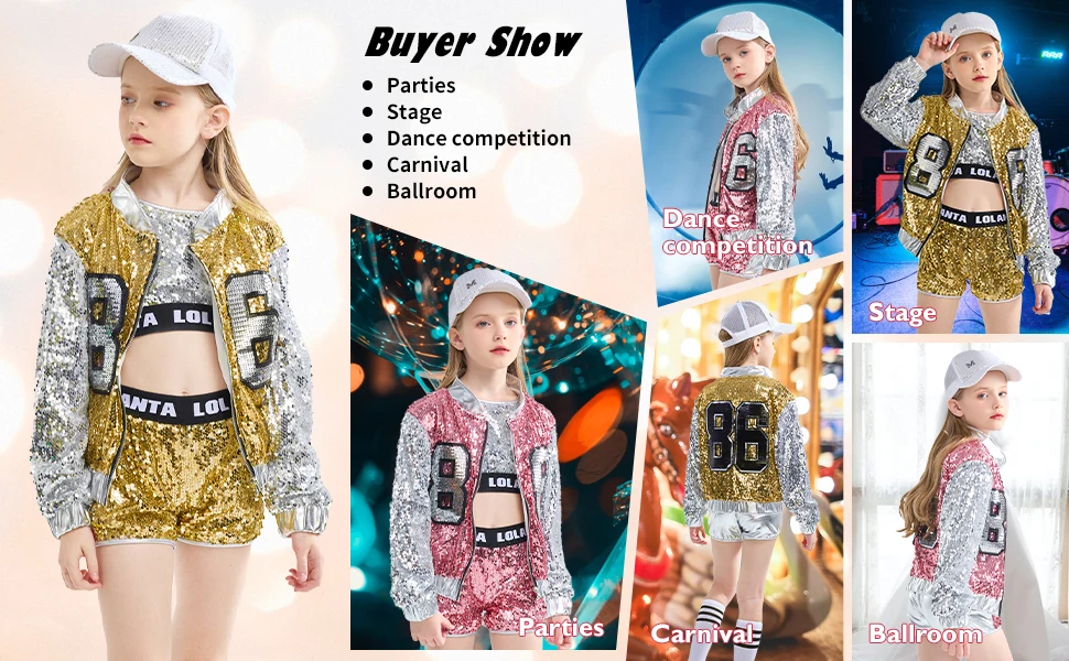 LOlanta Girls Sequin Dance Costume Sparkle Hip Hop Jazz Dance Dresses Modern Dancing Outfits 4-14 Years