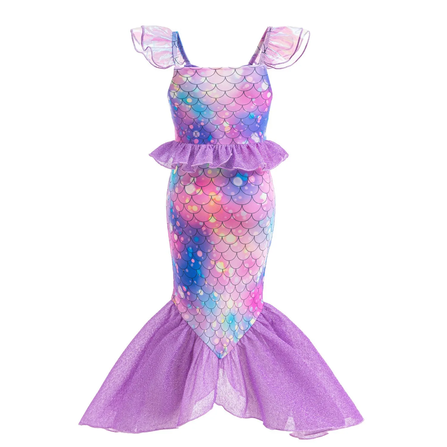 Mermaid Purple Princess Dresses For Girls Fish Patterned Printing Fishtail Costume Halloween Carnival Party Clothes Elegant Gown