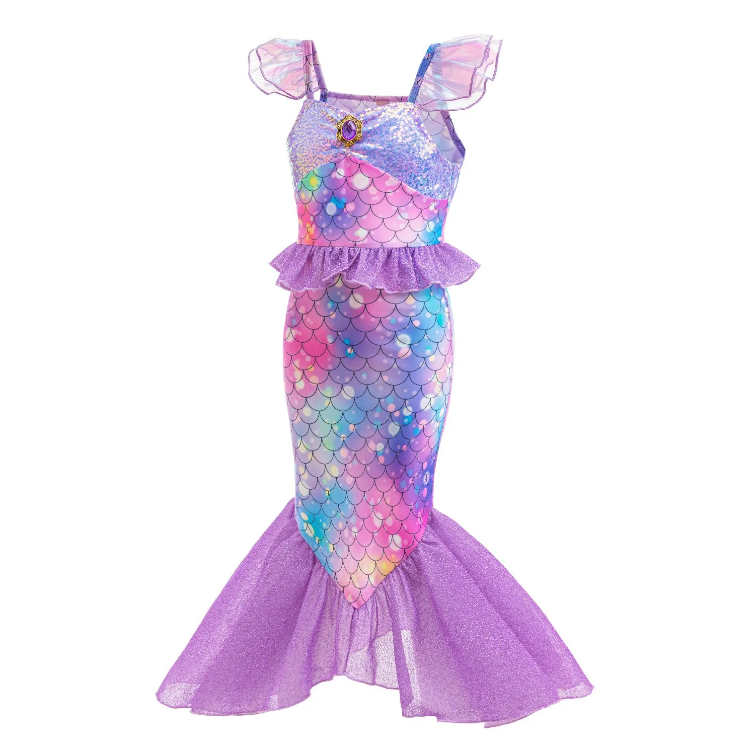 Mermaid Purple Princess Dresses For Girls Fish Patterned Printing Fishtail Costume Halloween Carnival Party Clothes Elegant Gown