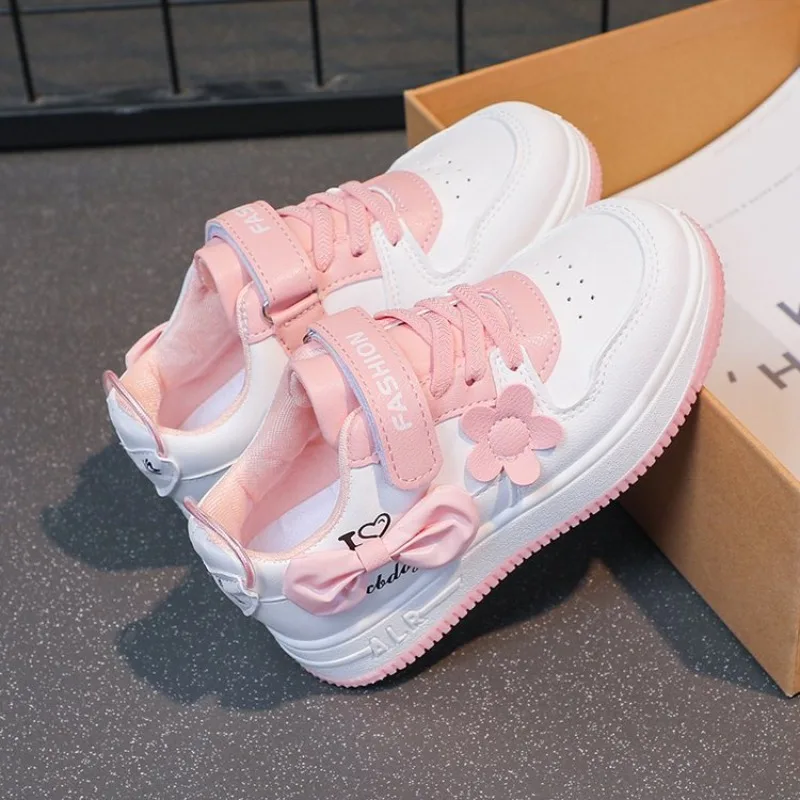 Girls Sneakers Pink Bow Decoration 3D Flowers Cute Sports Shoes Spring Autumn Breathable Casual Non-slip Outdoors Board Shoes