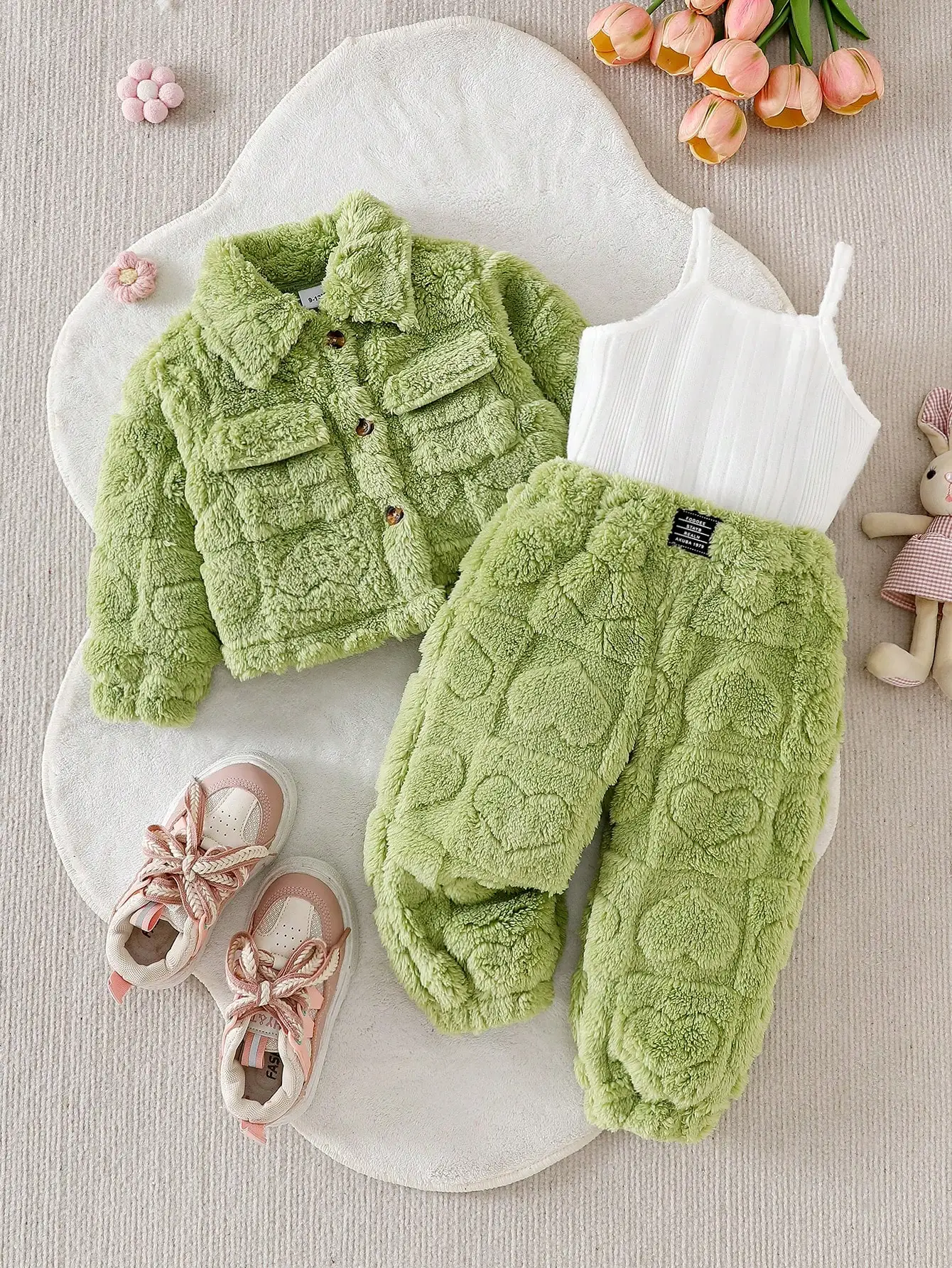 Three piece set of baby girl casual pink plush long sleeved jacket, plush long sweatpants, and pit top as a versatile base for w