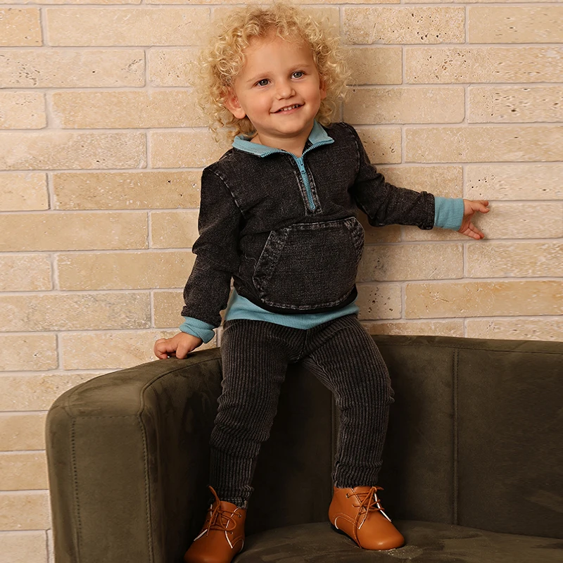 New Fall Collection Family Matching Children Clothes Boy Shirt Girls Dress 2Pcs Girls Outfit baby Set Garment Washing Black Gray