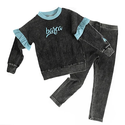 New Fall Collection Family Matching Children Clothes Boy Shirt Girls Dress 2Pcs Girls Outfit baby Set Garment Washing Black Gray
