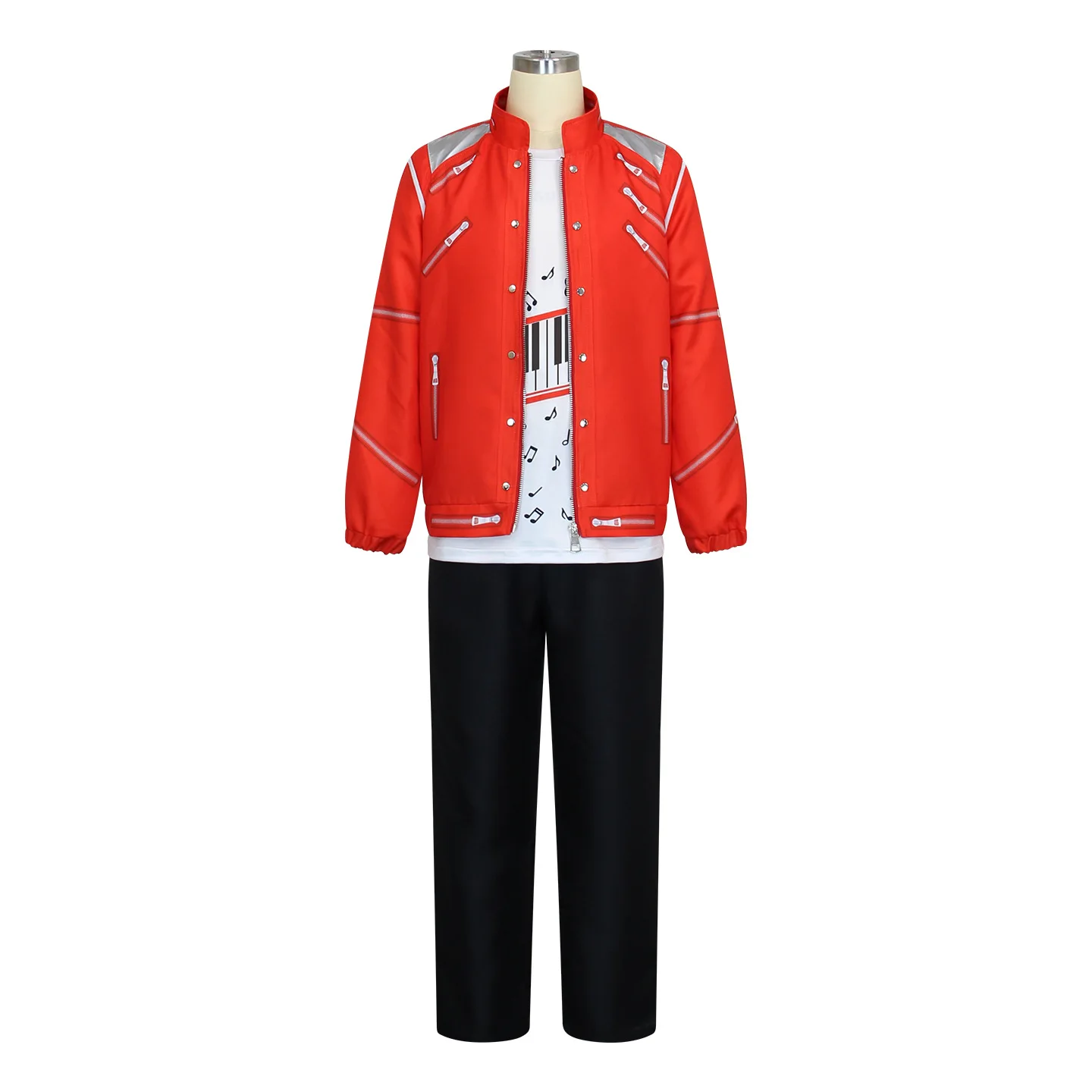 Boys Moonwalk Red Jacket Costume Set Piano Print T Shirt Black Pants For Kids Stage Show Halloween Singer Cosplay Outfit