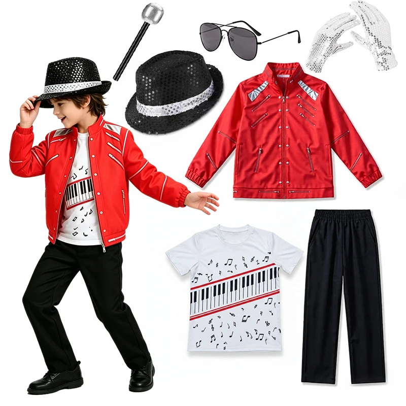 Boys Moonwalk Red Jacket Costume Set Piano Print T Shirt Black Pants For Kids Stage Show Halloween Singer Cosplay Outfit