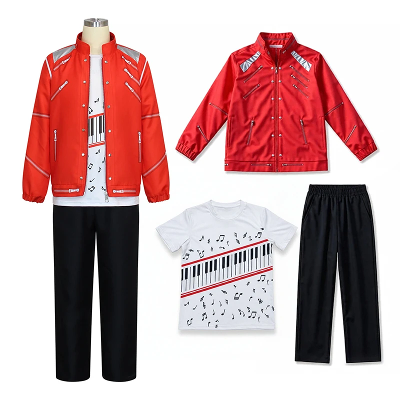 Boys Moonwalk Red Jacket Costume Set Piano Print T Shirt Black Pants For Kids Stage Show Halloween Singer Cosplay Outfit