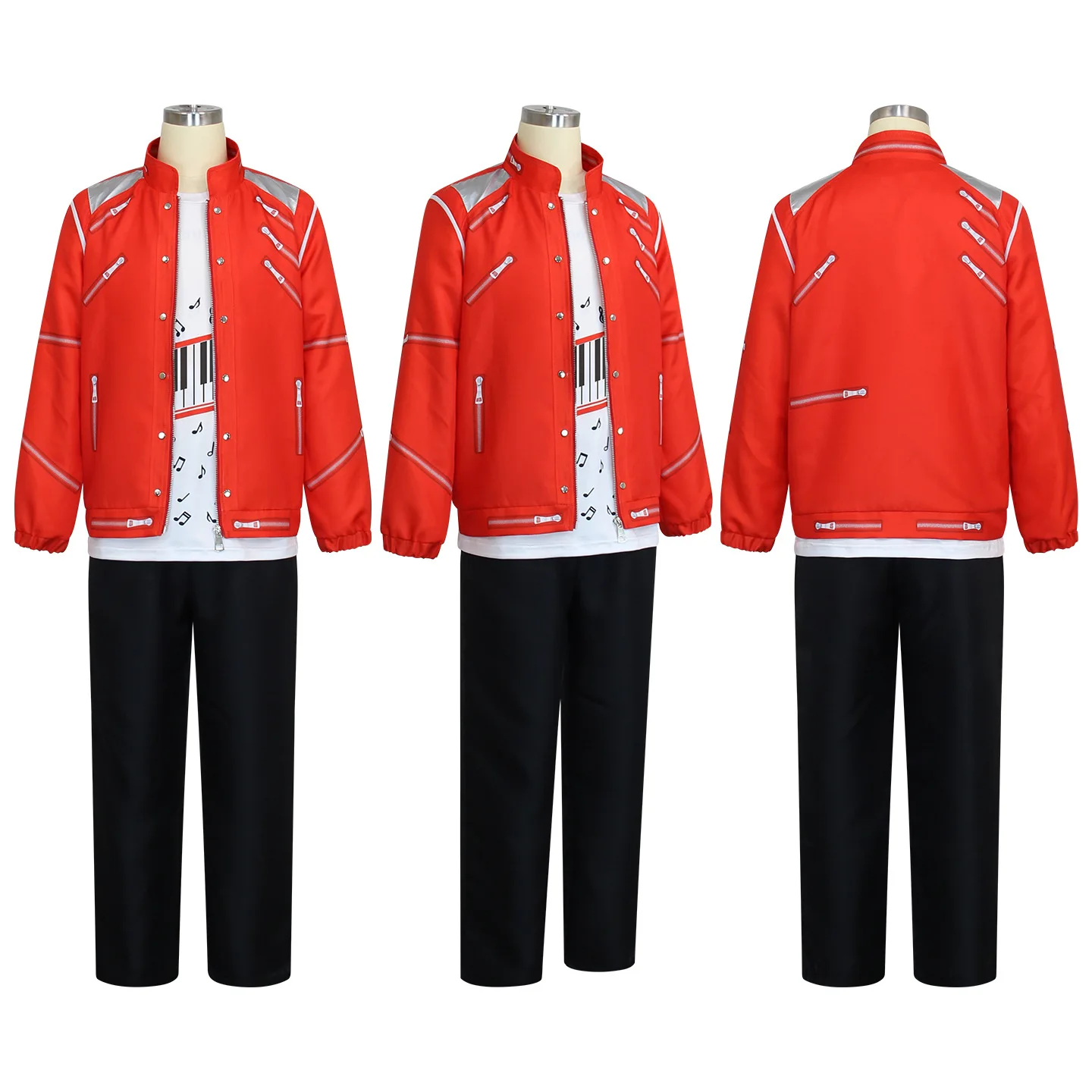 Boys Moonwalk Red Jacket Costume Set Piano Print T Shirt Black Pants For Kids Stage Show Halloween Singer Cosplay Outfit