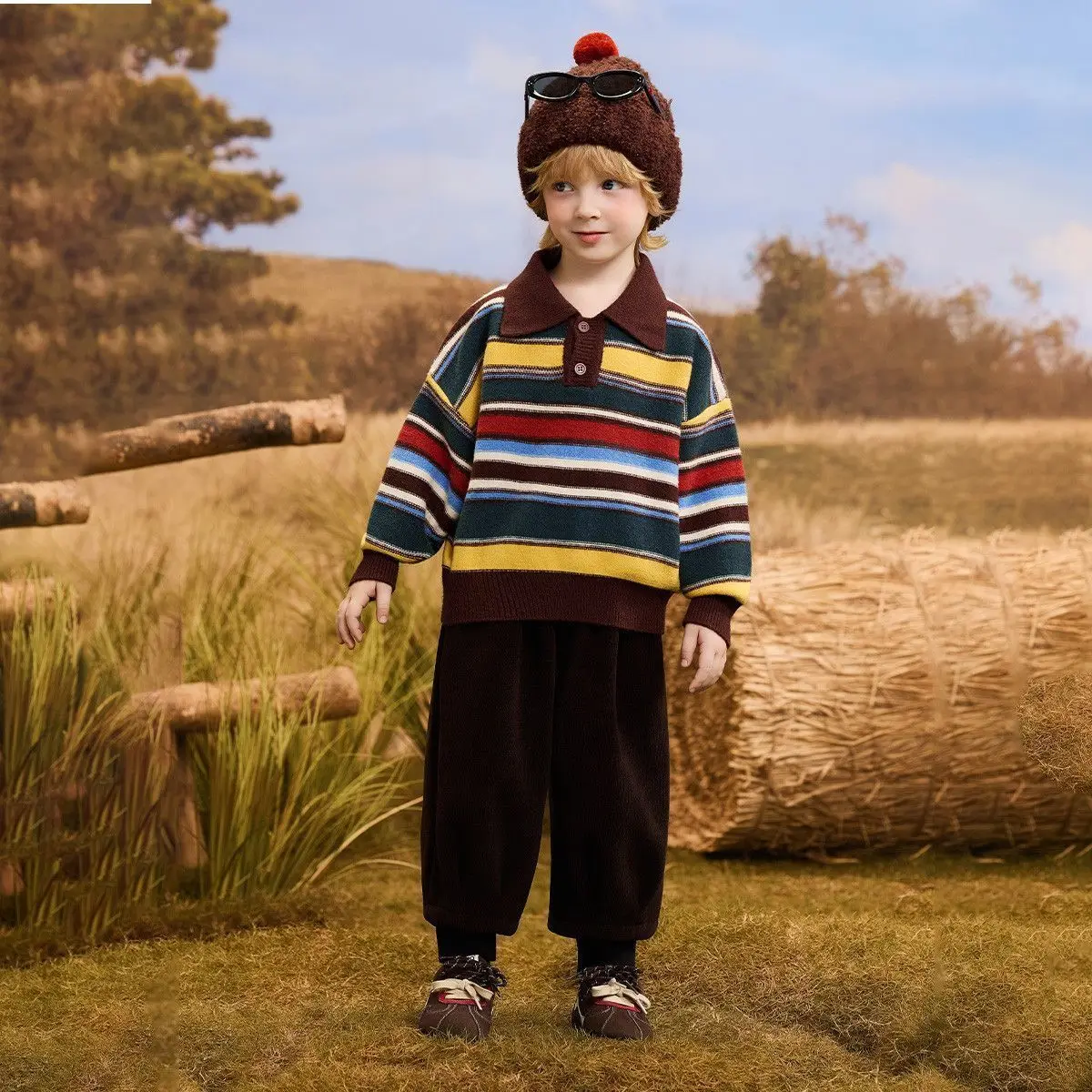 Boys' and girls' autumn sweaters, children's retro striped color-blocked knit tops