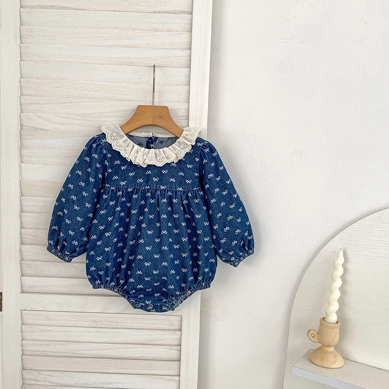 Toddler Sister Denim Bow Print 2-6Yrs Dress & 0-24M Baby Romper Ruffle Lace Collar Long Sleeve Infant Girls Sibling Clothes