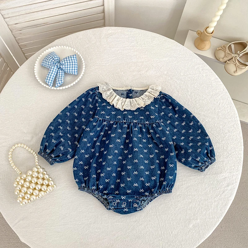 Toddler Sister Denim Bow Print 2-6Yrs Dress & 0-24M Baby Romper Ruffle Lace Collar Long Sleeve Infant Girls Sibling Clothes