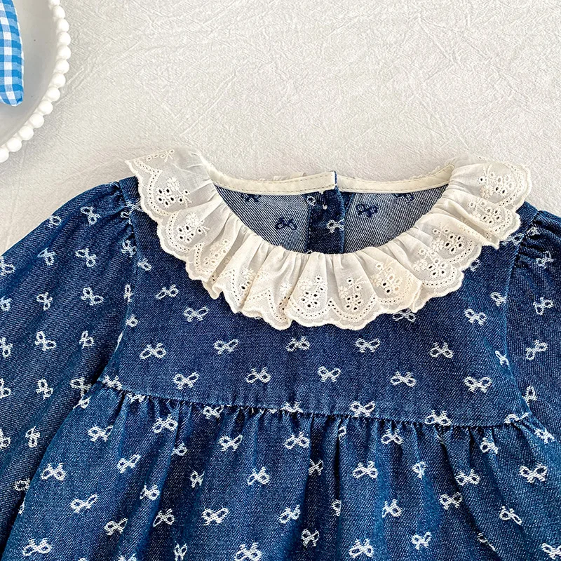 Toddler Sister Denim Bow Print 2-6Yrs Dress & 0-24M Baby Romper Ruffle Lace Collar Long Sleeve Infant Girls Sibling Clothes