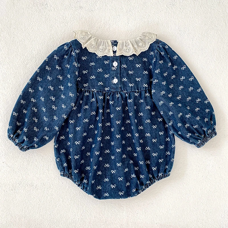 Toddler Sister Denim Bow Print 2-6Yrs Dress & 0-24M Baby Romper Ruffle Lace Collar Long Sleeve Infant Girls Sibling Clothes