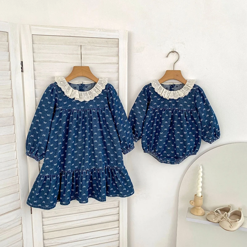 Toddler Sister Denim Bow Print 2-6Yrs Dress & 0-24M Baby Romper Ruffle Lace Collar Long Sleeve Infant Girls Sibling Clothes