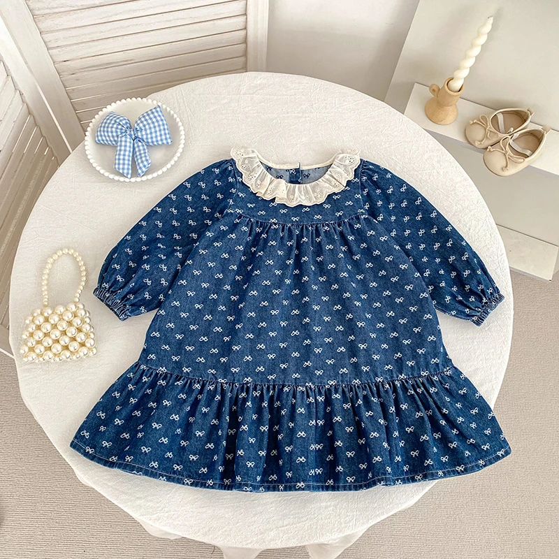 Toddler Sister Denim Bow Print 2-6Yrs Dress & 0-24M Baby Romper Ruffle Lace Collar Long Sleeve Infant Girls Sibling Clothes