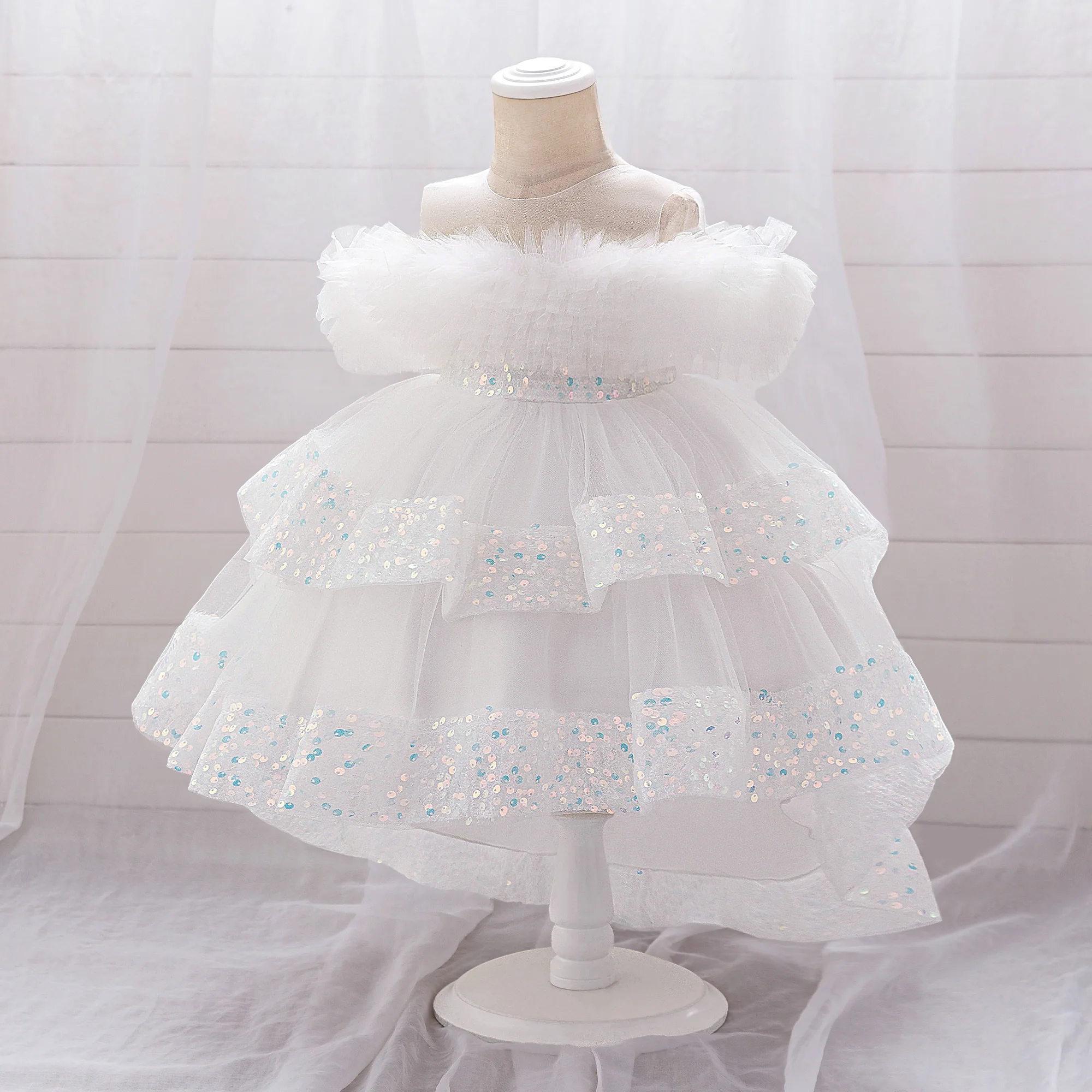 Elegant Sequin Party Baby Girl Dress Toddler Lace 1st Birthday Tailing Princess Prom Gown Wedding Bridesmaid Kid Evening Dresses