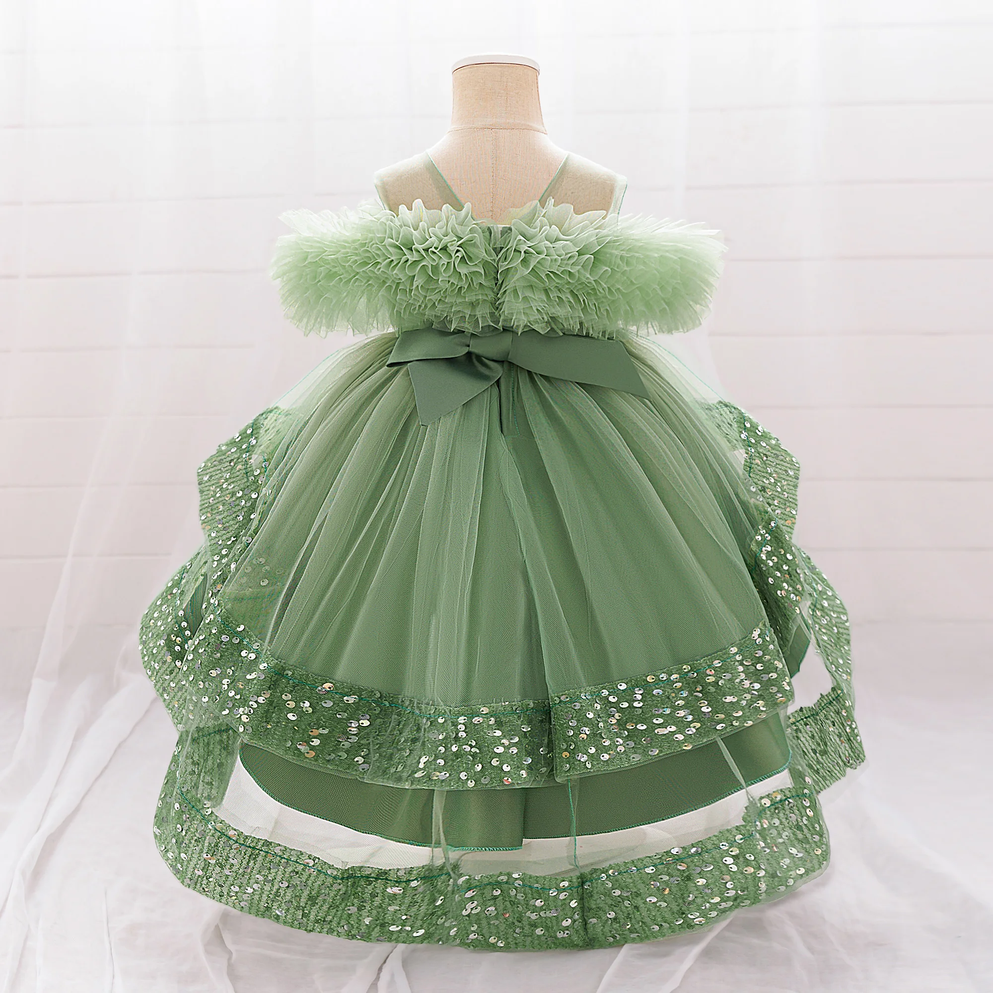 Elegant Sequin Party Baby Girl Dress Toddler Lace 1st Birthday Tailing Princess Prom Gown Wedding Bridesmaid Kid Evening Dresses