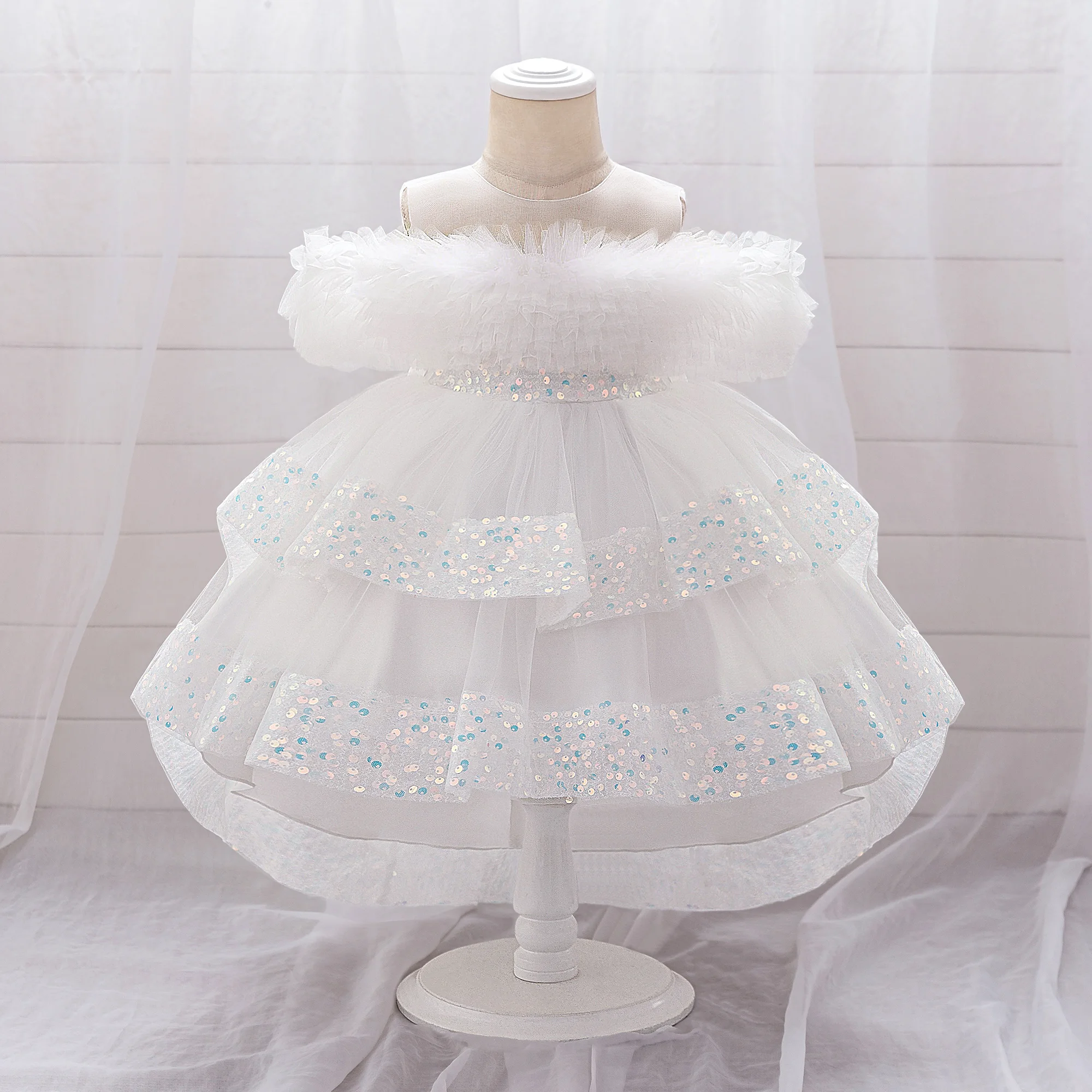 Elegant Sequin Party Baby Girl Dress Toddler Lace 1st Birthday Tailing Princess Prom Gown Wedding Bridesmaid Kid Evening Dresses