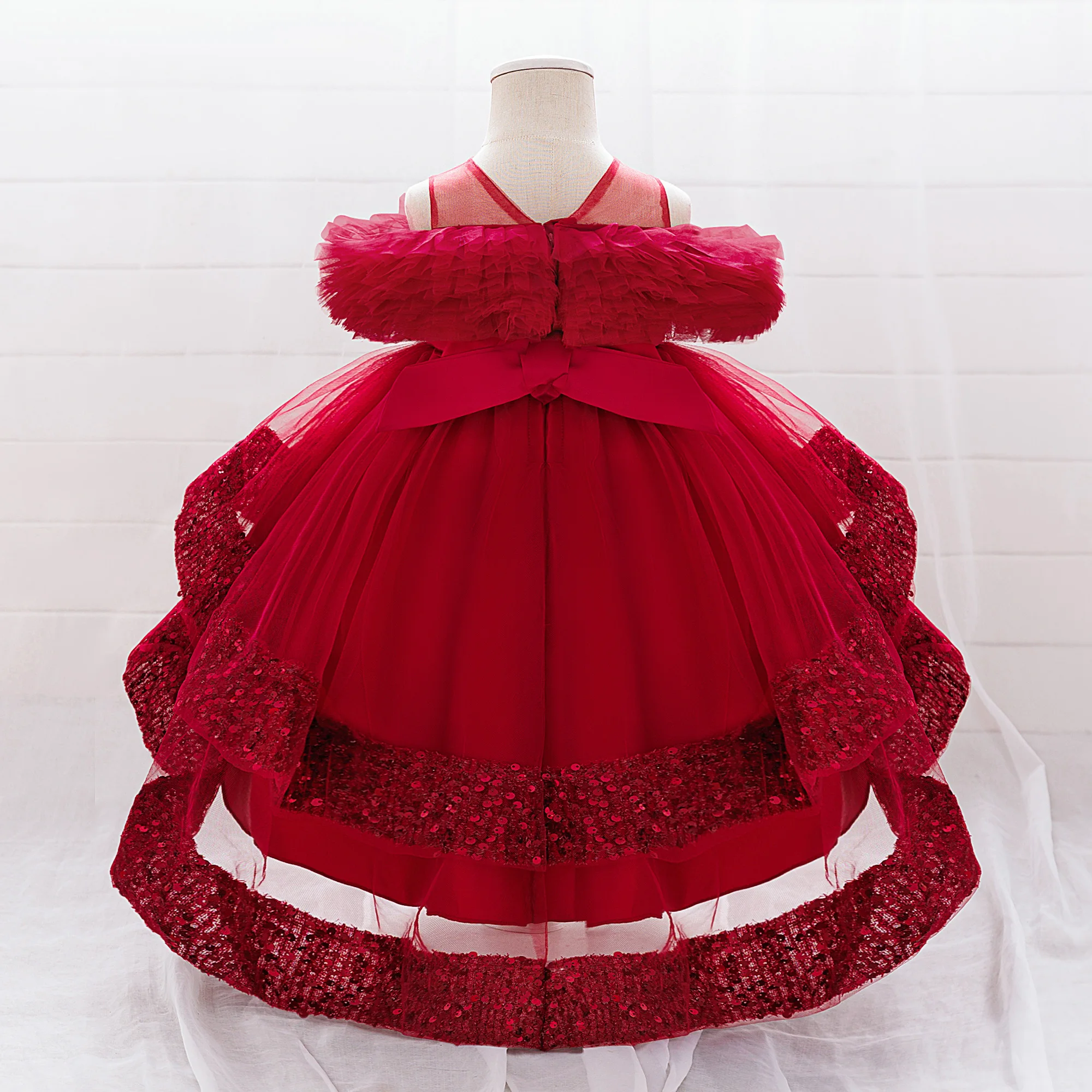 Elegant Sequin Party Baby Girl Dress Toddler Lace 1st Birthday Tailing Princess Prom Gown Wedding Bridesmaid Kid Evening Dresses