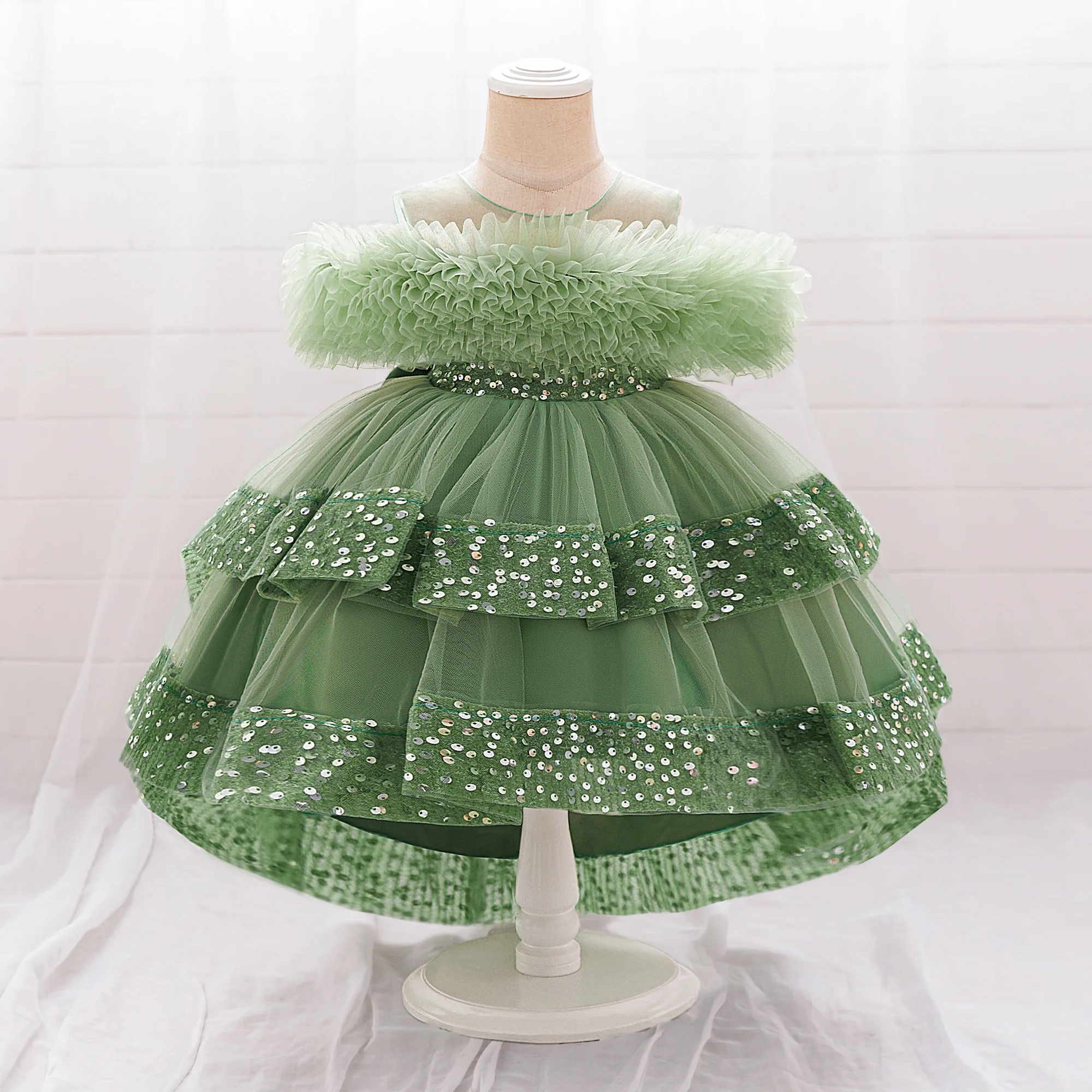Elegant Sequin Party Baby Girl Dress Toddler Lace 1st Birthday Tailing Princess Prom Gown Wedding Bridesmaid Kid Evening Dresses