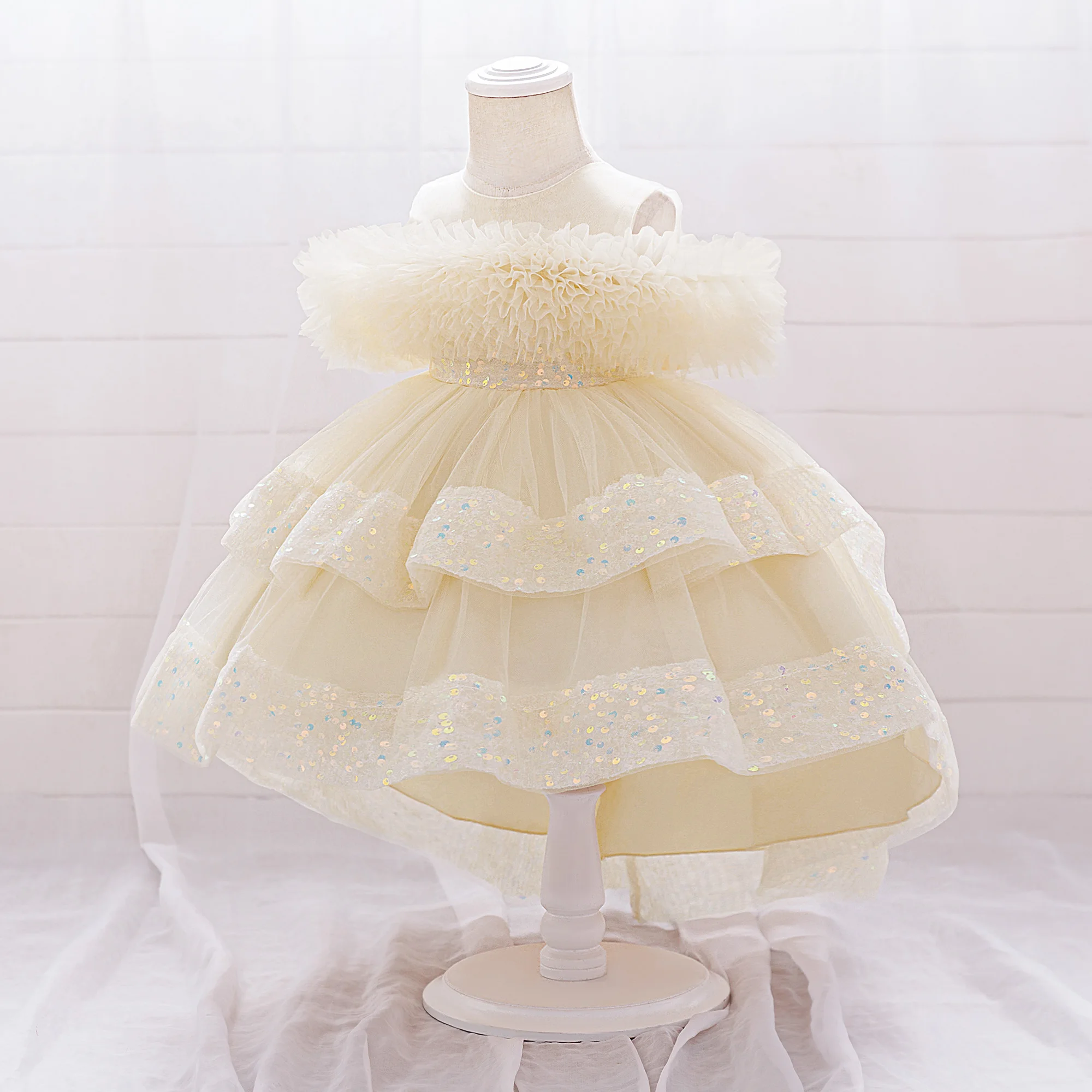 Elegant Sequin Party Baby Girl Dress Toddler Lace 1st Birthday Tailing Princess Prom Gown Wedding Bridesmaid Kid Evening Dresses