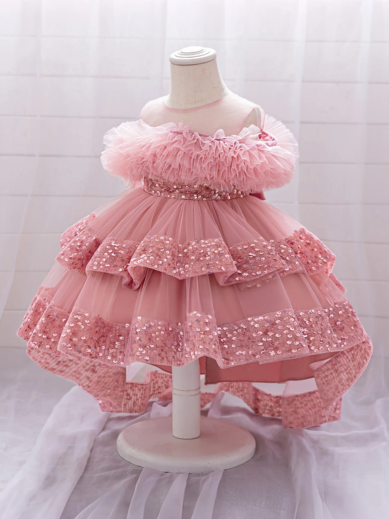 Elegant Sequin Party Baby Girl Dress Toddler Lace 1st Birthday Tailing Princess Prom Gown Wedding Bridesmaid Kid Evening Dresses