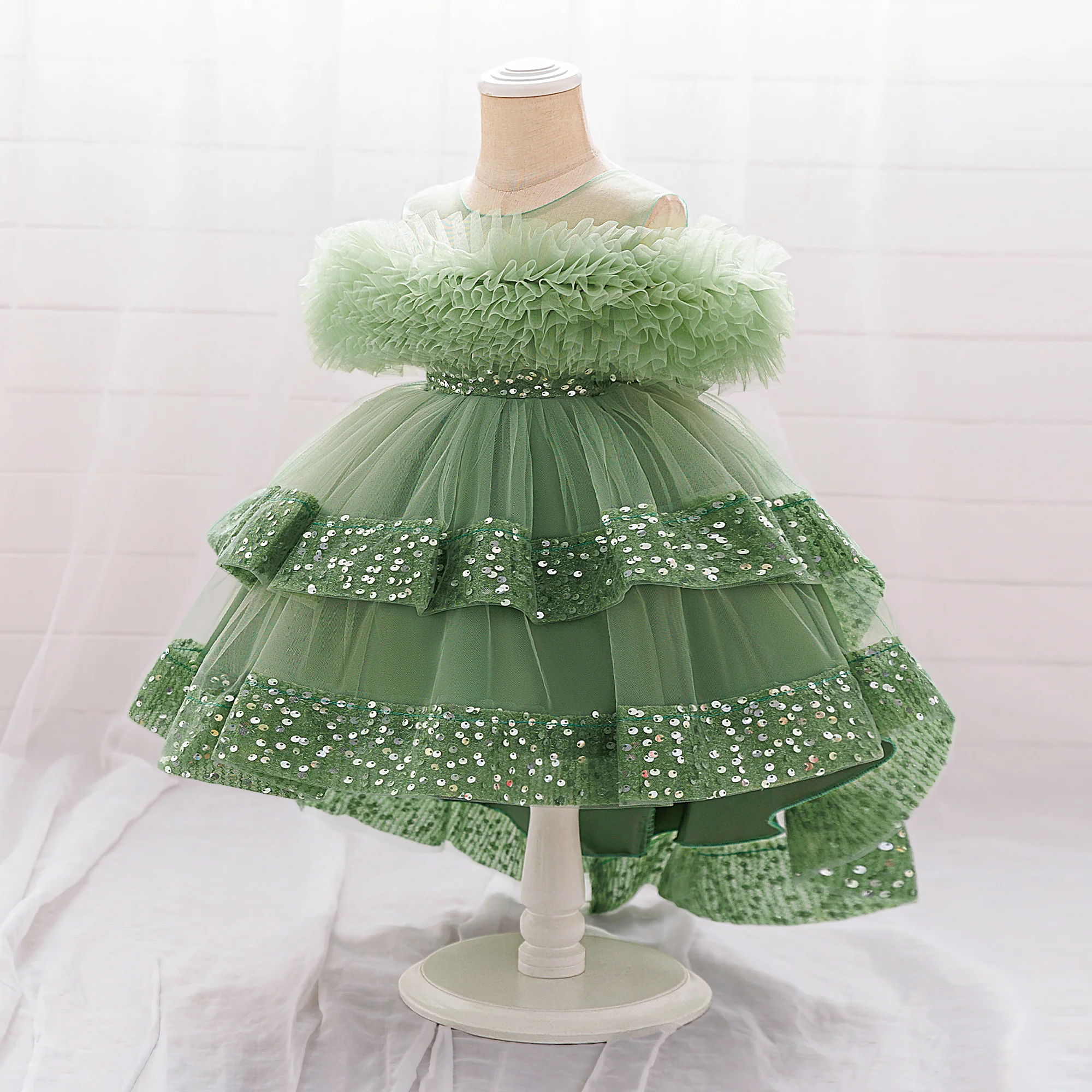Elegant Sequin Party Baby Girl Dress Toddler Lace 1st Birthday Tailing Princess Prom Gown Wedding Bridesmaid Kid Evening Dresses