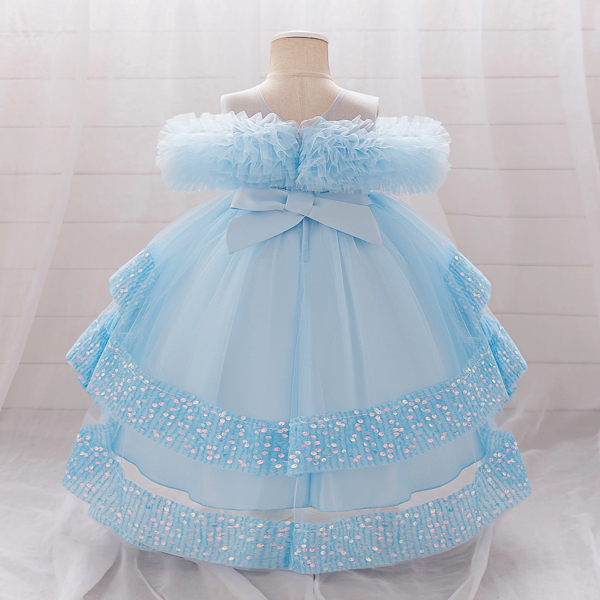 Elegant Sequin Party Baby Girl Dress Toddler Lace 1st Birthday Tailing Princess Prom Gown Wedding Bridesmaid Kid Evening Dresses