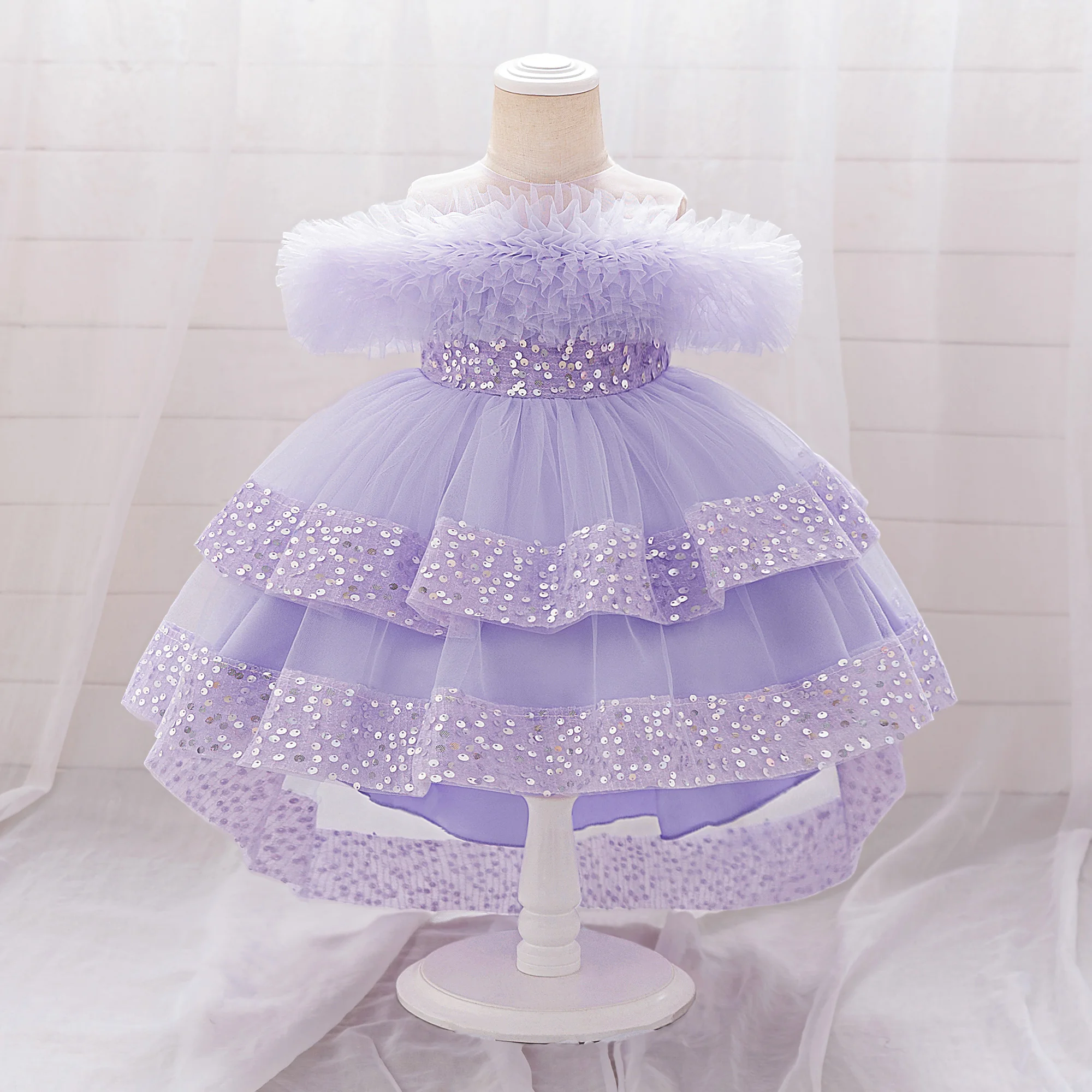 Elegant Sequin Party Baby Girl Dress Toddler Lace 1st Birthday Tailing Princess Prom Gown Wedding Bridesmaid Kid Evening Dresses
