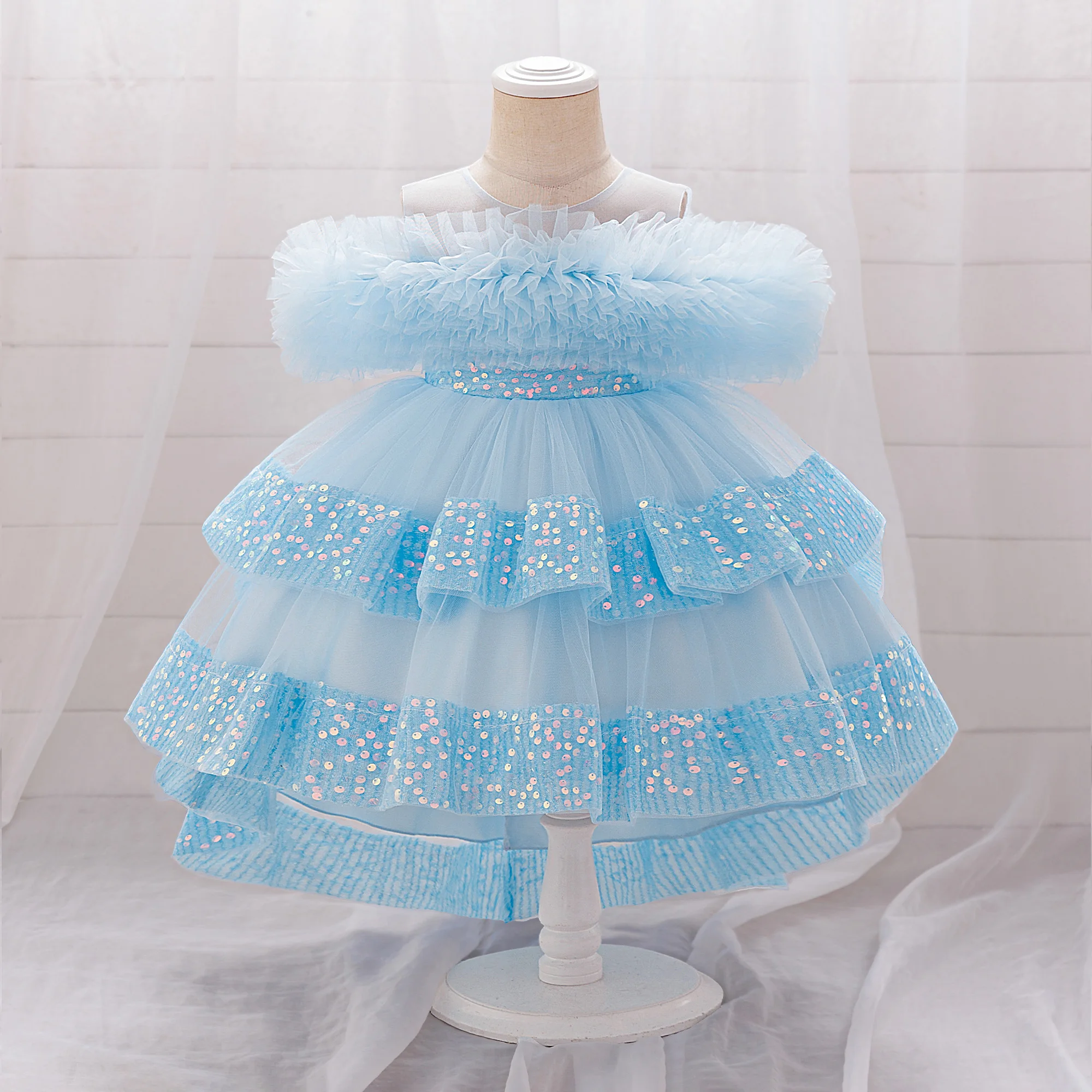 Elegant Sequin Party Baby Girl Dress Toddler Lace 1st Birthday Tailing Princess Prom Gown Wedding Bridesmaid Kid Evening Dresses