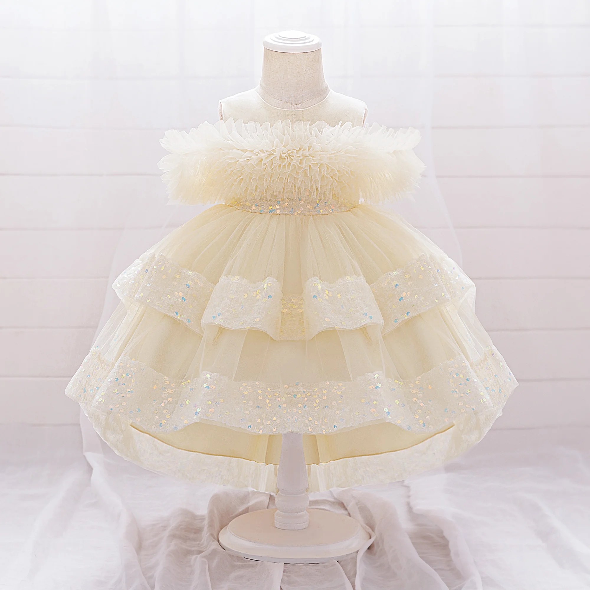 Elegant Sequin Party Baby Girl Dress Toddler Lace 1st Birthday Tailing Princess Prom Gown Wedding Bridesmaid Kid Evening Dresses