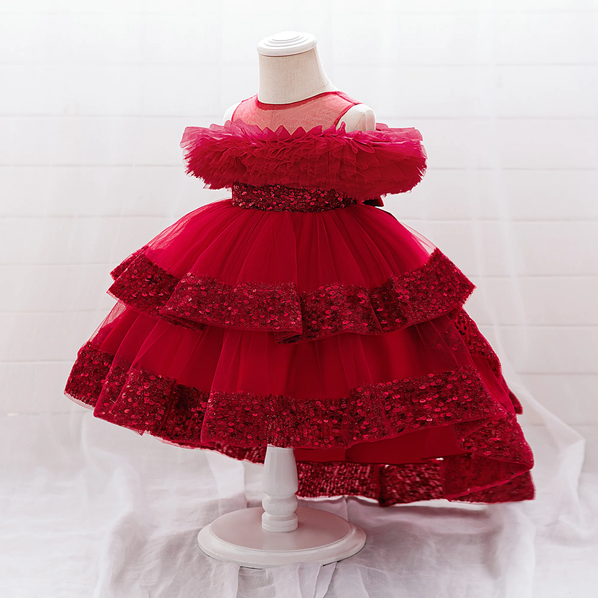 Elegant Sequin Party Baby Girl Dress Toddler Lace 1st Birthday Tailing Princess Prom Gown Wedding Bridesmaid Kid Evening Dresses