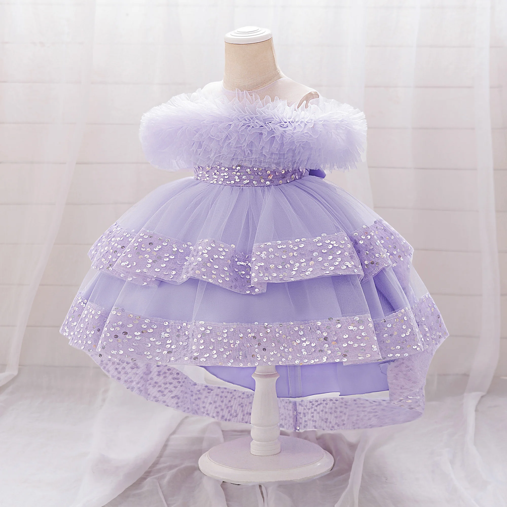 Elegant Sequin Party Baby Girl Dress Toddler Lace 1st Birthday Tailing Princess Prom Gown Wedding Bridesmaid Kid Evening Dresses