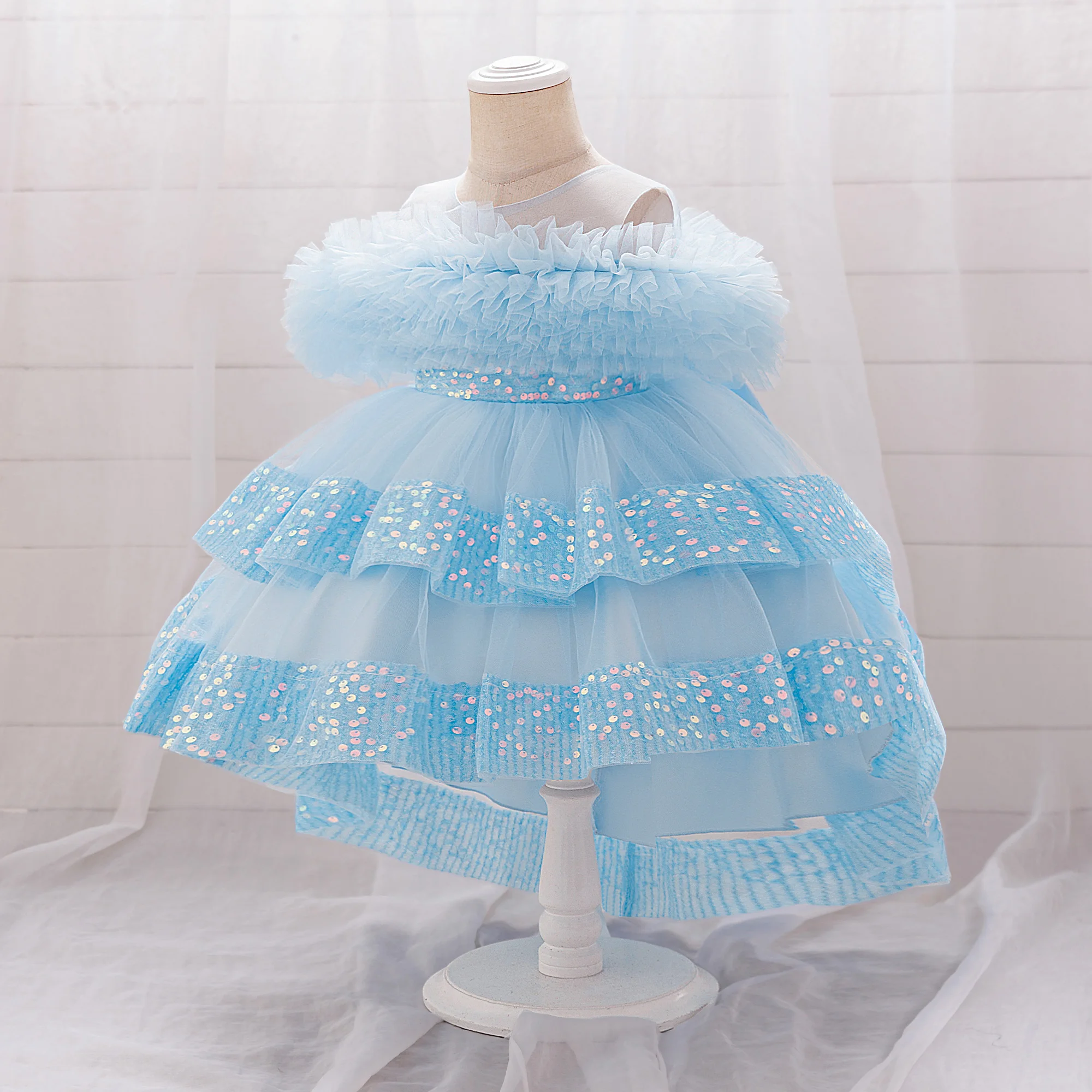 Elegant Sequin Party Baby Girl Dress Toddler Lace 1st Birthday Tailing Princess Prom Gown Wedding Bridesmaid Kid Evening Dresses