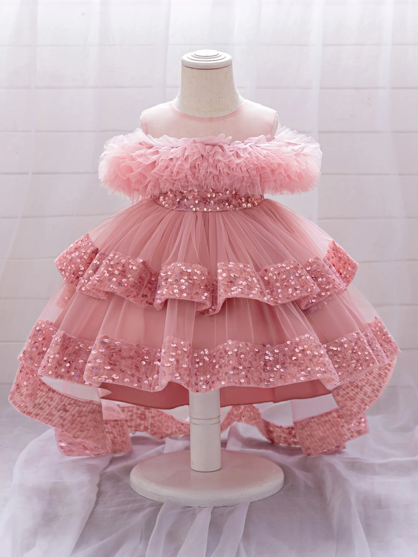 Elegant Sequin Party Baby Girl Dress Toddler Lace 1st Birthday Tailing Princess Prom Gown Wedding Bridesmaid Kid Evening Dresses