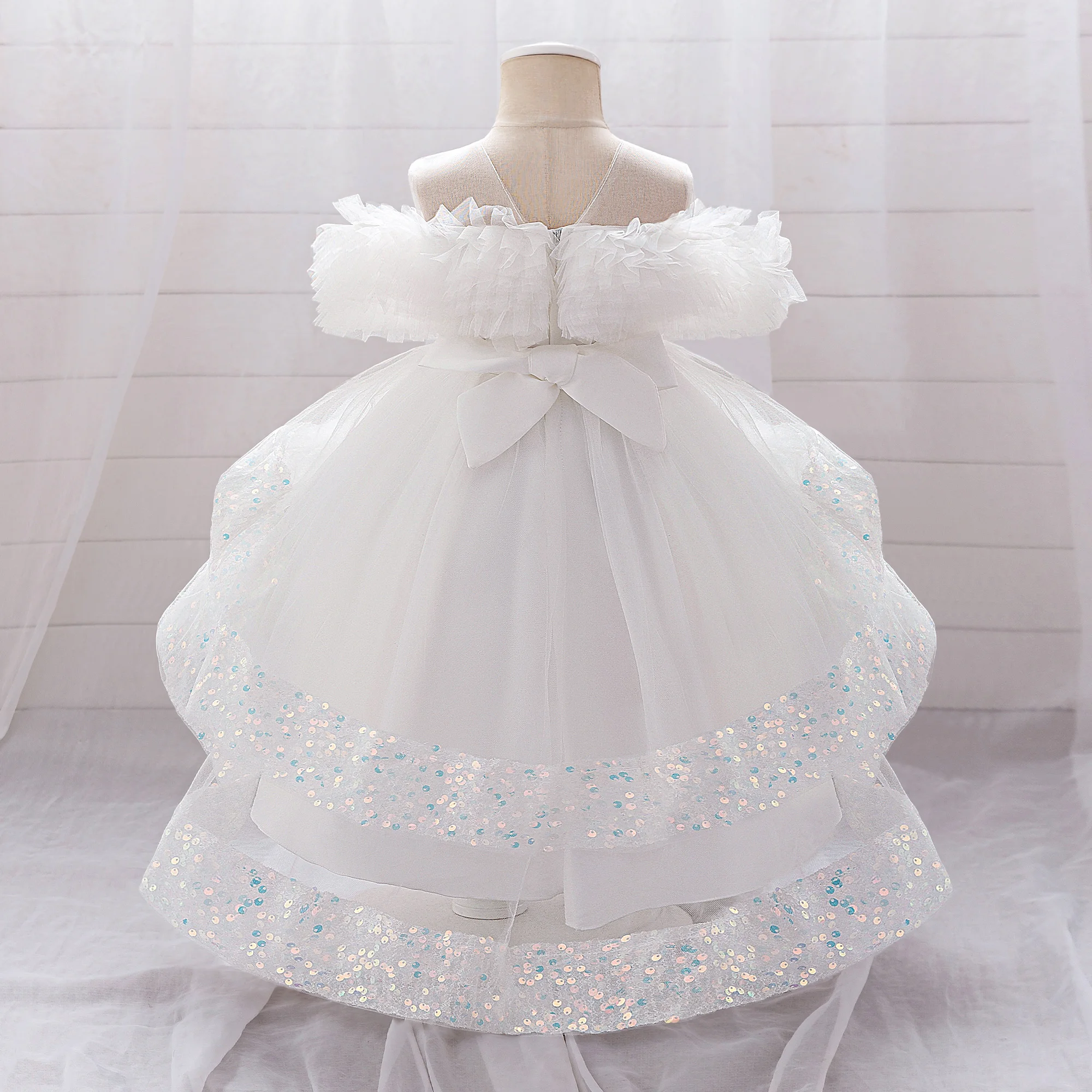 Elegant Sequin Party Baby Girl Dress Toddler Lace 1st Birthday Tailing Princess Prom Gown Wedding Bridesmaid Kid Evening Dresses